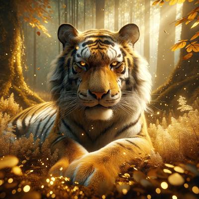 Primary subject: A tiger with its eyes open, sitting in a forest.

Setting/background: The tiger is surrounded by a forest with trees and leaves.

Visual style: The image is a digital art or illustration of a tiger in a forest.

Colors and mood: The image has a warm and natural color palette, with the tiger's fur and the forest's foliage being the main colors. The mood of the image is serene and peaceful, as